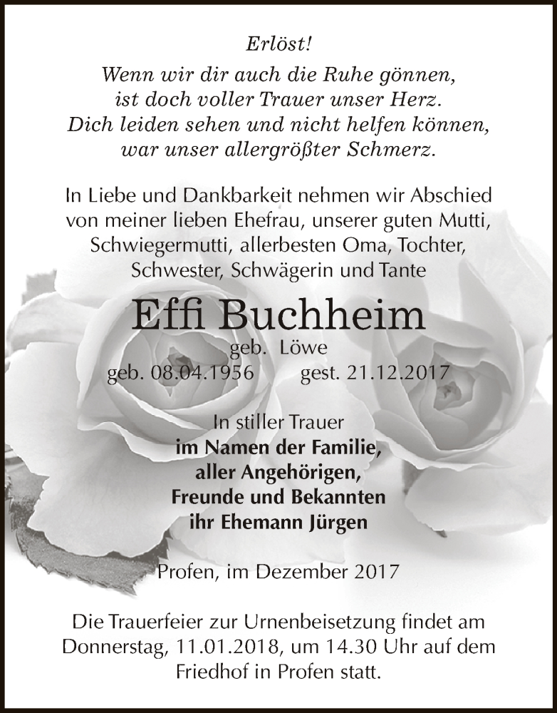  Traueranzeige für Effi Buchheim vom 30.12.2017 aus Super Sonntag Zeitz