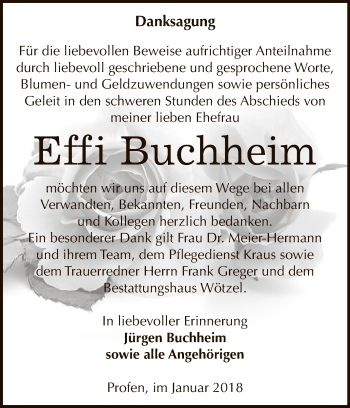 Traueranzeige von Effi Buchheim von Super Sonntag Zeitz