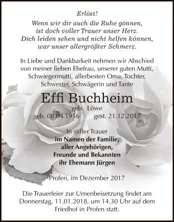 Traueranzeige von Effi Buchheim von Super Sonntag Zeitz