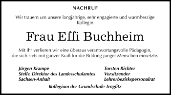 Traueranzeige von Effi Buchheim von Mitteldeutsche Zeitung Zeitz