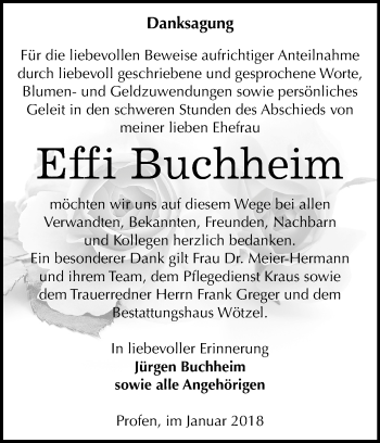 Traueranzeige von Effi Buchheim von Mitteldeutsche Zeitung Zeitz