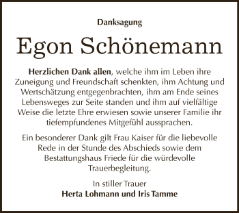 Traueranzeige von Egon Schönemann von WVG - Wochenspiegel Dessau / Köthen