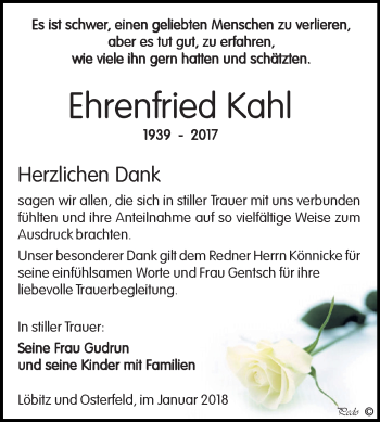 Traueranzeige von Ehrenfried Kahl von Super Sonntag Zeitz