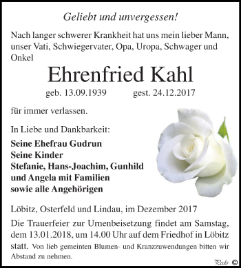Traueranzeige von Ehrenfried Kahl von Super Sonntag Zeitz