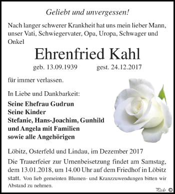 Traueranzeige von Ehrenfried Kahl von Mitteldeutsche Zeitung Zeitz
