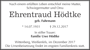 Traueranzeige von Ehrentraud Hödtke von Super Sonntag Wittenberg