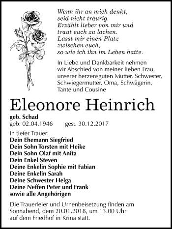 Traueranzeige von Eleonore Heinrich von Mitteldeutsche Zeitung Bitterfeld