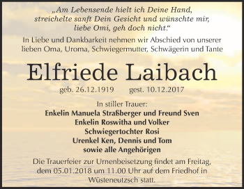 Traueranzeige von Elfriede Laibach von WVG - Wochenspiegel Merseburg