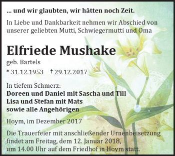 Traueranzeige von Elfriede Mushake von Super Sonntag Aschersleben
