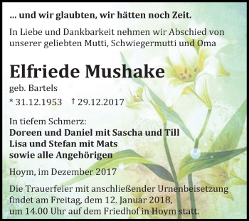 Traueranzeige von Elfriede Mushake von Mitteldeutsche Zeitung Aschersleben