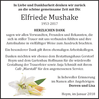Traueranzeige von Elfriede Mushake von Super Sonntag Aschersleben