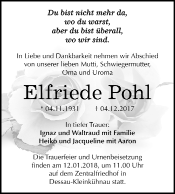 Traueranzeige von Elfriede Pohl von Mitteldeutsche Zeitung Dessau-Roßlau