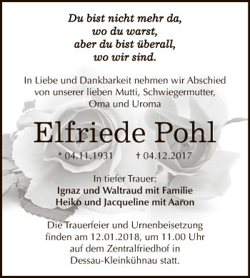Traueranzeige von Elfriede Pohl von WVG - Wochenspiegel Dessau / Köthen