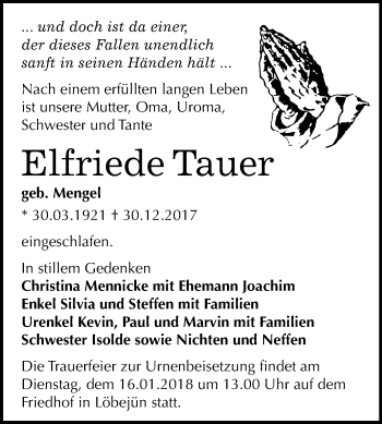 Traueranzeige von Elfriede Tauer von Mitteldeutsche Zeitung Halle/Saalkreis