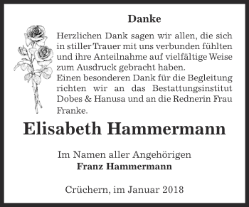 Traueranzeige von Elisabeth Hammermann von Super Sonntag Bernburg