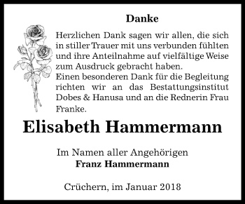 Traueranzeige von Elisabeth Hammermann von Mitteldeutsche Zeitung Bernburg