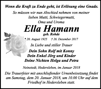 Traueranzeige von Ella Hamann von WVG - Wochenspiegel Quedlinburg