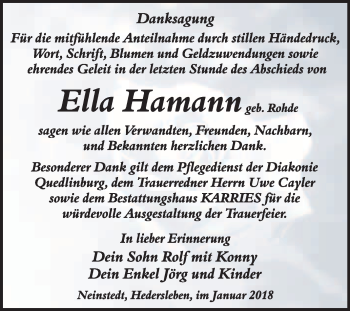 Traueranzeige von Ella Hamann von WVG - Wochenspiegel Quedlinburg
