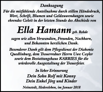Traueranzeige von Ella Hamann von Mitteldeutsche Zeitung Quedlinburg