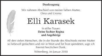 Traueranzeige von Elli Karasek von Super Sonntag Wittenberg