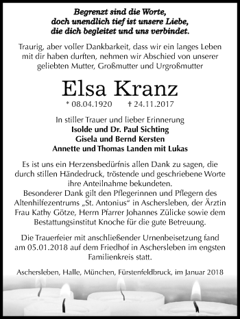 Traueranzeige von Elsa Kranz von Mitteldeutsche Zeitung Aschersleben
