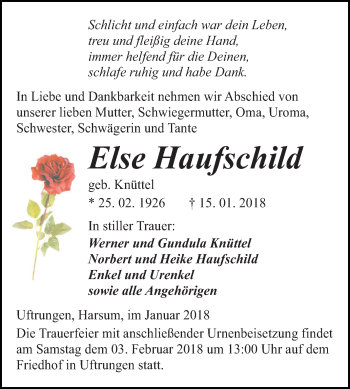 Traueranzeige von Else Haufschild von Mitteldeutsche Zeitung Sangerhausen