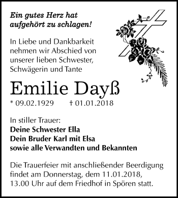 Traueranzeige von Emilie Dayß von Mitteldeutsche Zeitung Bitterfeld
