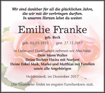 Traueranzeige von Emilie Franke von Mitteldeutsche Zeitung