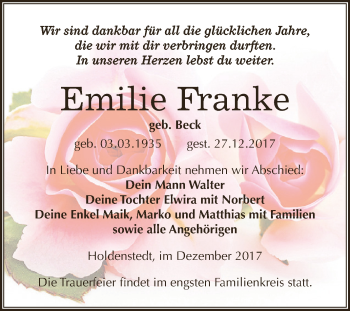 Traueranzeige von Emilie Franke von WVG - Wochenspiegel SGH