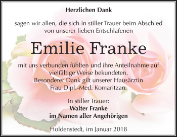 Traueranzeige von Emilie Franke von Mitteldeutsche Zeitung Sangerhausen