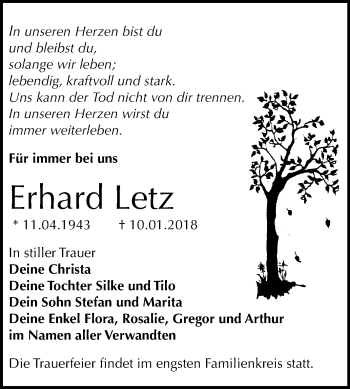 Traueranzeige von Erhard Letz von Mitteldeutsche Zeitung