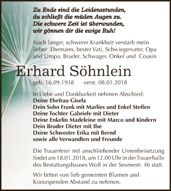 Traueranzeige von Erhard Söhnlein von WVG - Wochenspiegel NMB / WSF / ZTZ