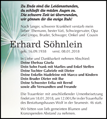 Traueranzeige von Erhard Söhnlein von Mitteldeutsche Zeitung Weißenfels