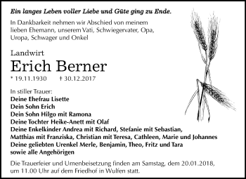 Traueranzeige von Erich Berner von Mitteldeutsche Zeitung Köthen