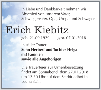 Traueranzeige von Erich Kiebitz von Mitteldeutsche Zeitung Merseburg/Querfurt