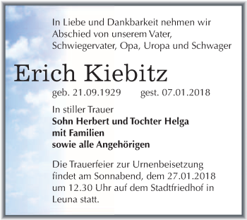 Traueranzeige von Erich Kiebitz von WVG - Wochenspiegel Merseburg