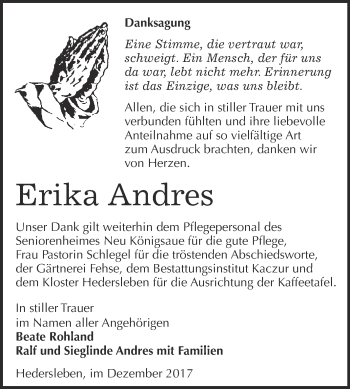 Traueranzeige von Erika Andres von WVG - Wochenspiegel Quedlinburg