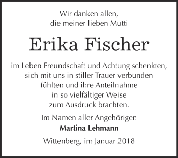 Traueranzeige von Erika Fischer von WVG - Wochenspiegel Wittenberg