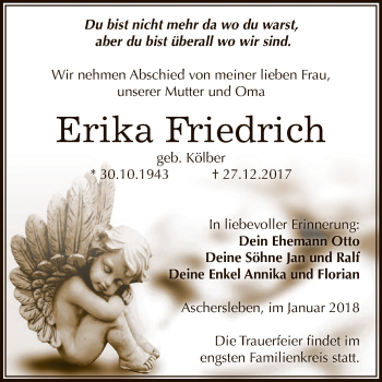 Traueranzeige von Erika Friedrich von Super Sonntag Aschersleben