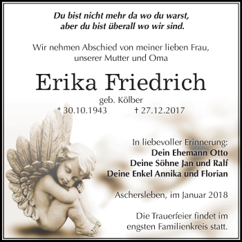 Traueranzeige von Erika Friedrich von Mitteldeutsche Zeitung Aschersleben