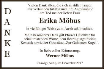 Traueranzeige von Erika Möbus von WVG - Wochenspiegel Dessau / Köthen