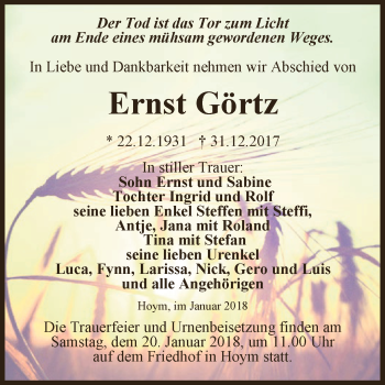 Traueranzeige von Ernst Görtz von Super Sonntag Aschersleben