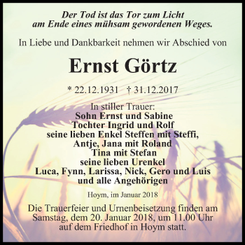 Traueranzeige von Ernst Görtz von Mitteldeutsche Zeitung Aschersleben