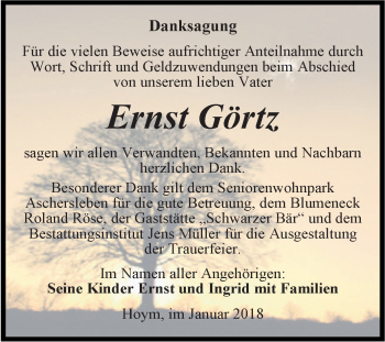 Traueranzeige von Ernst Görtz von Super Sonntag Aschersleben