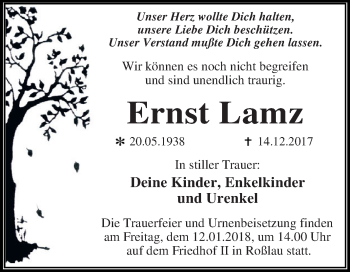 Traueranzeige von Ernst Lamz von WVG - Wochenspiegel Dessau / Köthen