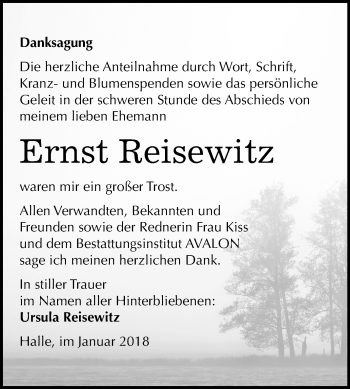 Traueranzeige von Ernst Reisewitz von Mitteldeutsche Zeitung Halle/Saalkreis