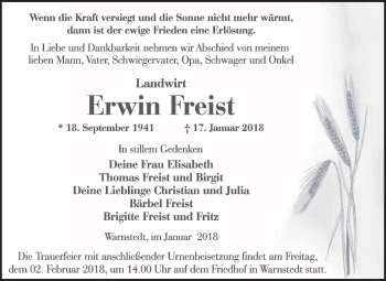 Traueranzeige von Erwin Freist von WVG - Wochenspiegel Quedlinburg