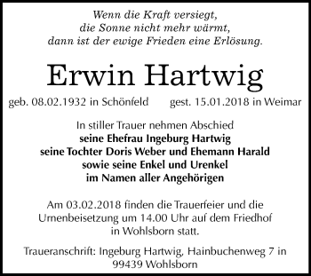 Traueranzeige von Erwin Hartwig von Mitteldeutsche Zeitung Dessau-Roßlau