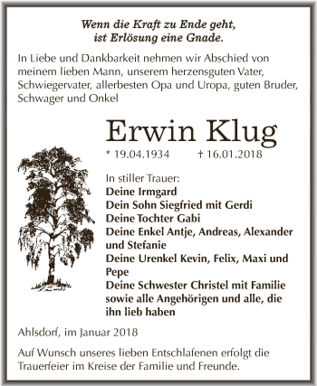 Traueranzeige von Erwin Klug von Wochenspiegel Mansfelder Land