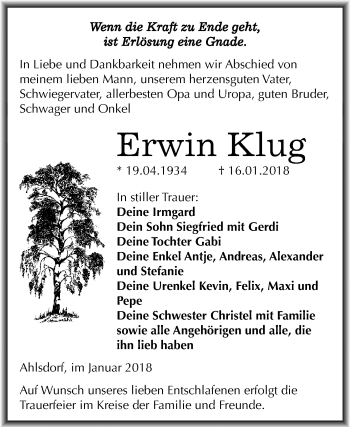 Traueranzeige von Erwin Klug von Mitteldeutsche Zeitung